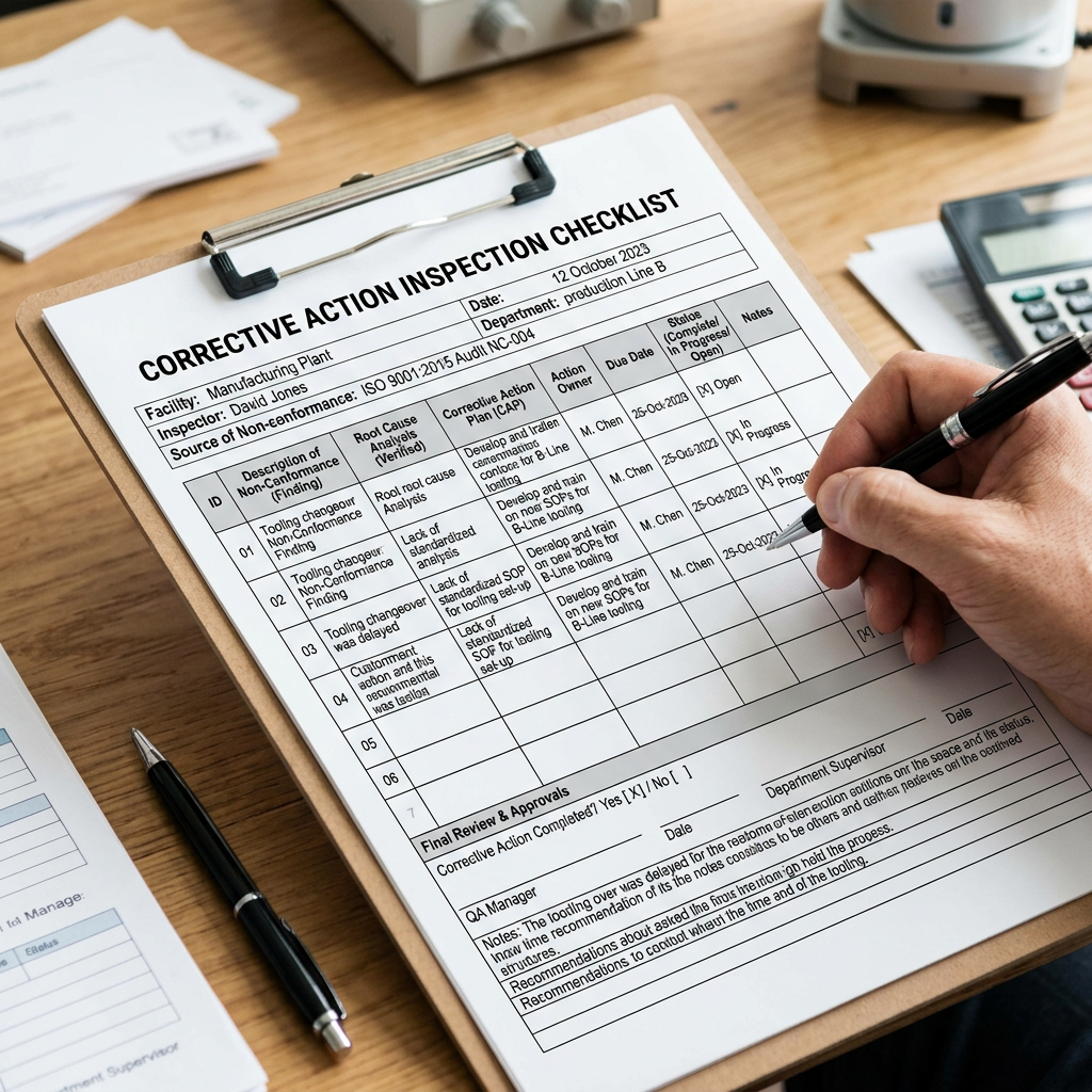 Corrective Action Inspection Checklist for a manufacturing plant, with audit findings and handwritten status notes.
